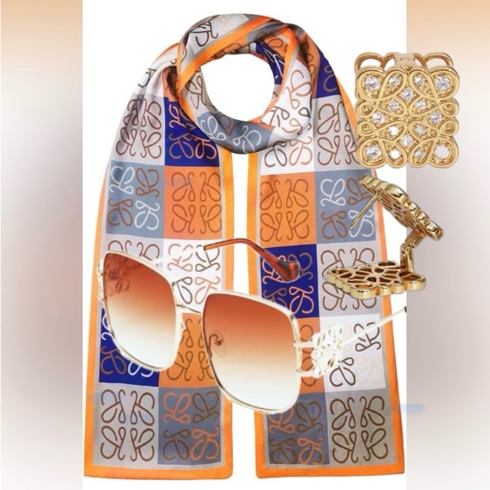 Designer inspired Chic Multi Colored Silk Scarf /Sunglasses/ Earrings Set.